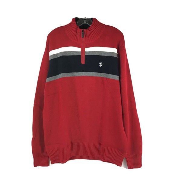 US Polo Assn. Quarter Zip Mock Neck Sweater Large Engine Red Stripe - Picture 1 of 10